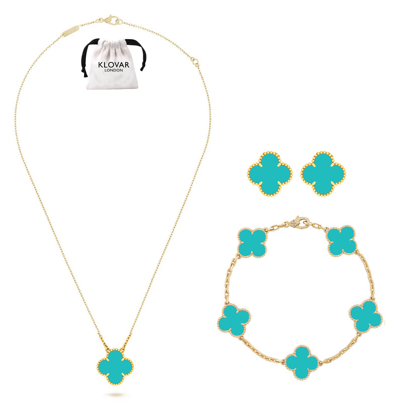KLOVAR LONDON Turquoise  Clover Necklace Earrings Bracelets Set 925 Silver 18k Gold Plated