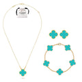 KLOVAR LONDON Turquoise  Clover Necklace Earrings Bracelets Set 925 Silver 18k Gold Plated
