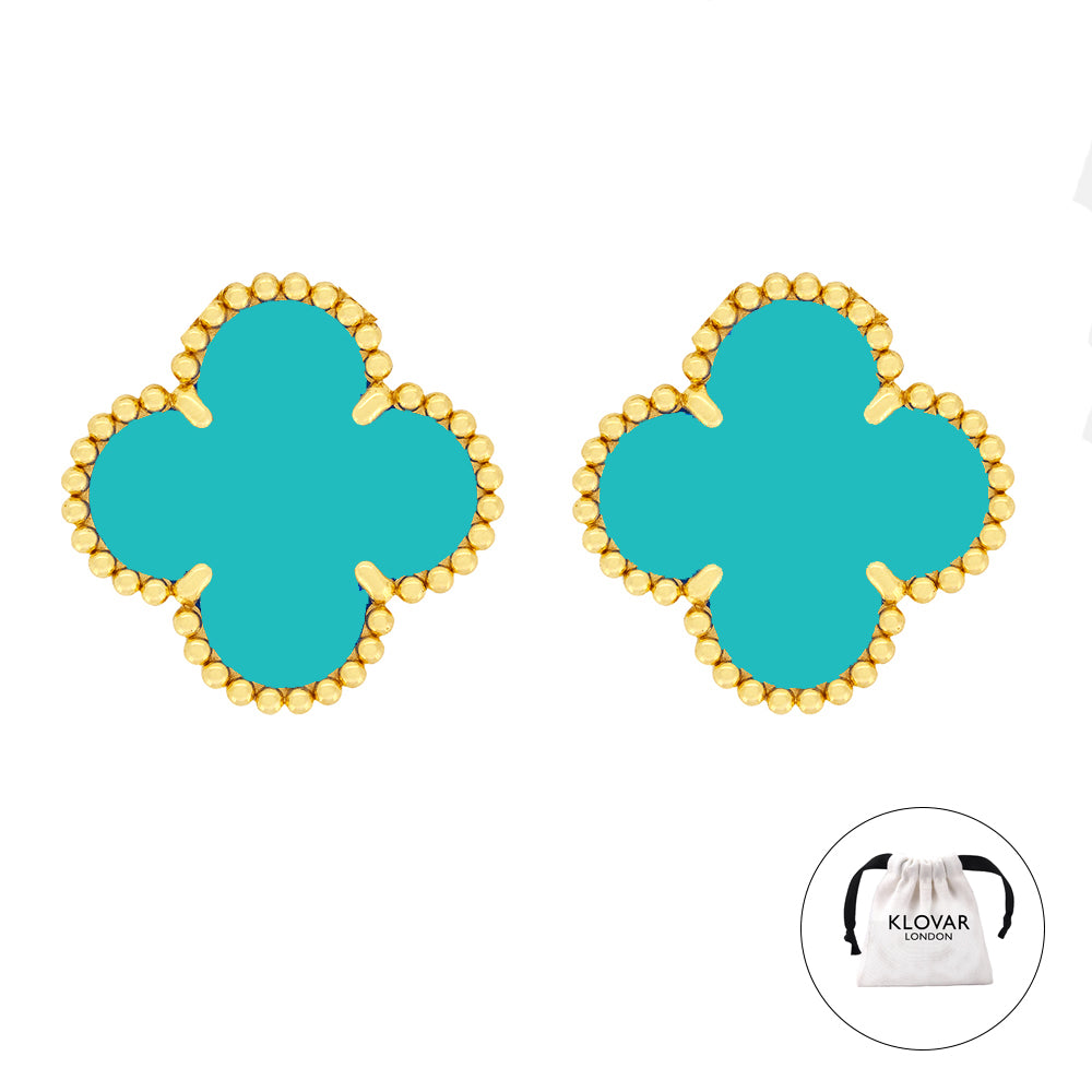 18K Turquoise Gold Clover Necklace Earrings Bracelet Set Four Leaf Single Clover - Turquoise