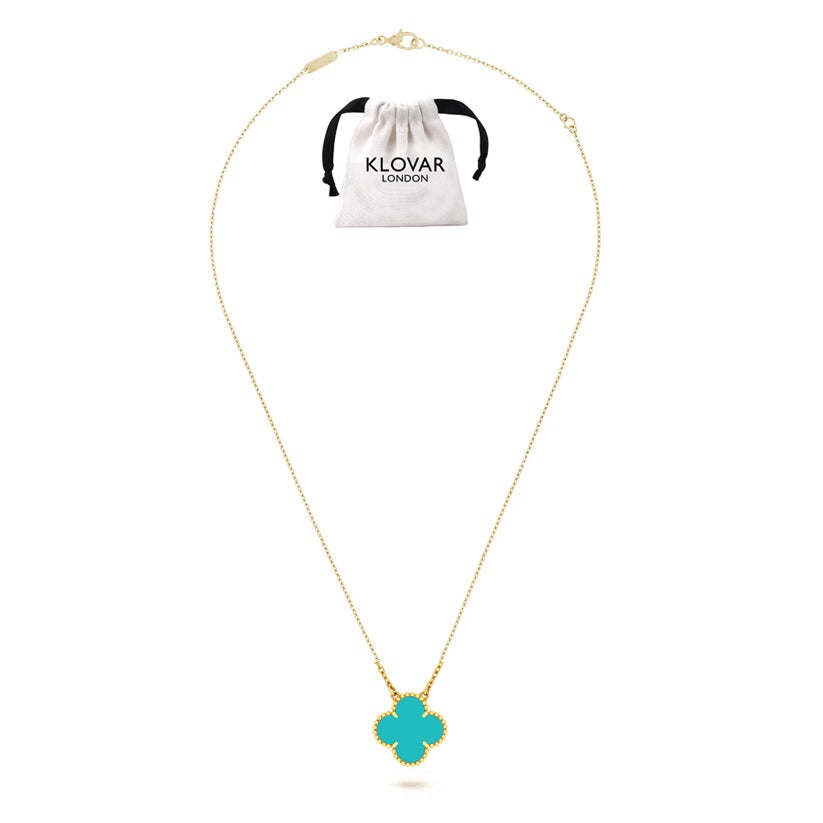 18K Gold Turquoise Clover Necklace Four Leaf Single Clover - Turquoise