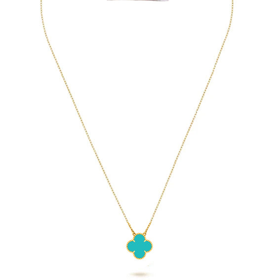 18K Gold Turquoise Clover Necklace Four Leaf Single Clover - Turquoise