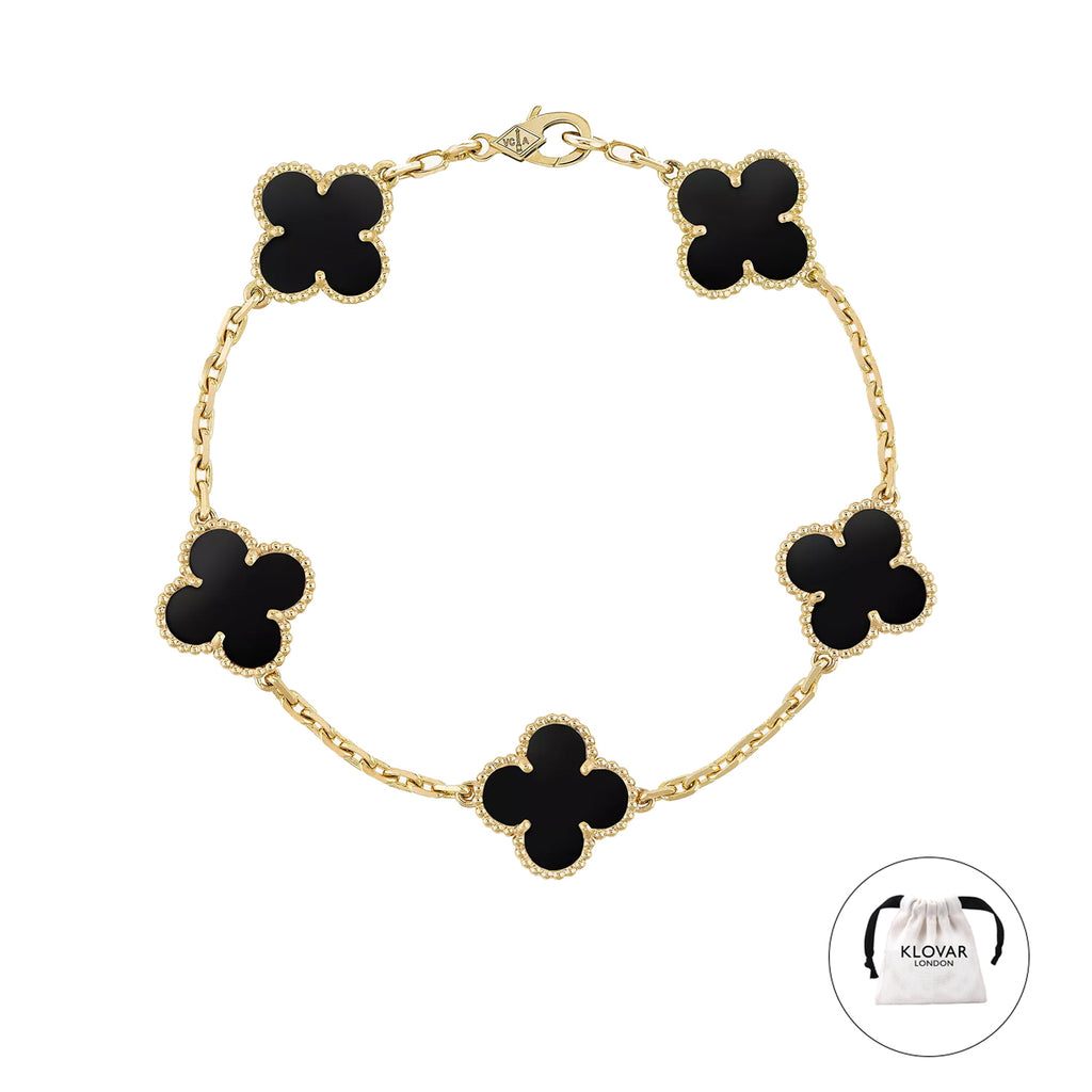 KLOVAR LONDON Black Clover Necklace Earrings Bracelets Set 925 Silver 18k Gold Plated