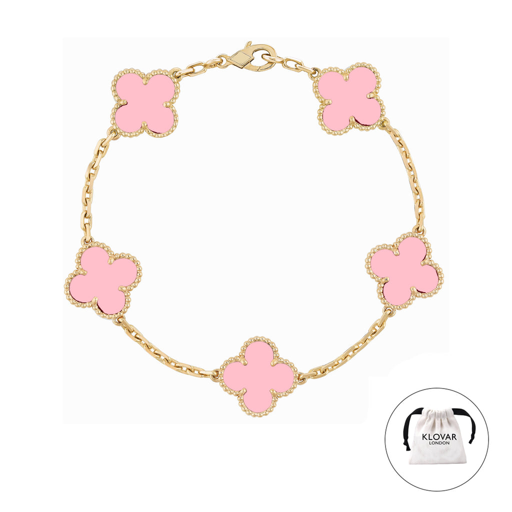 KLOVAR LONDON Pink Clover Necklace Earrings Bracelets Set 925 Silver 18k Gold Plated