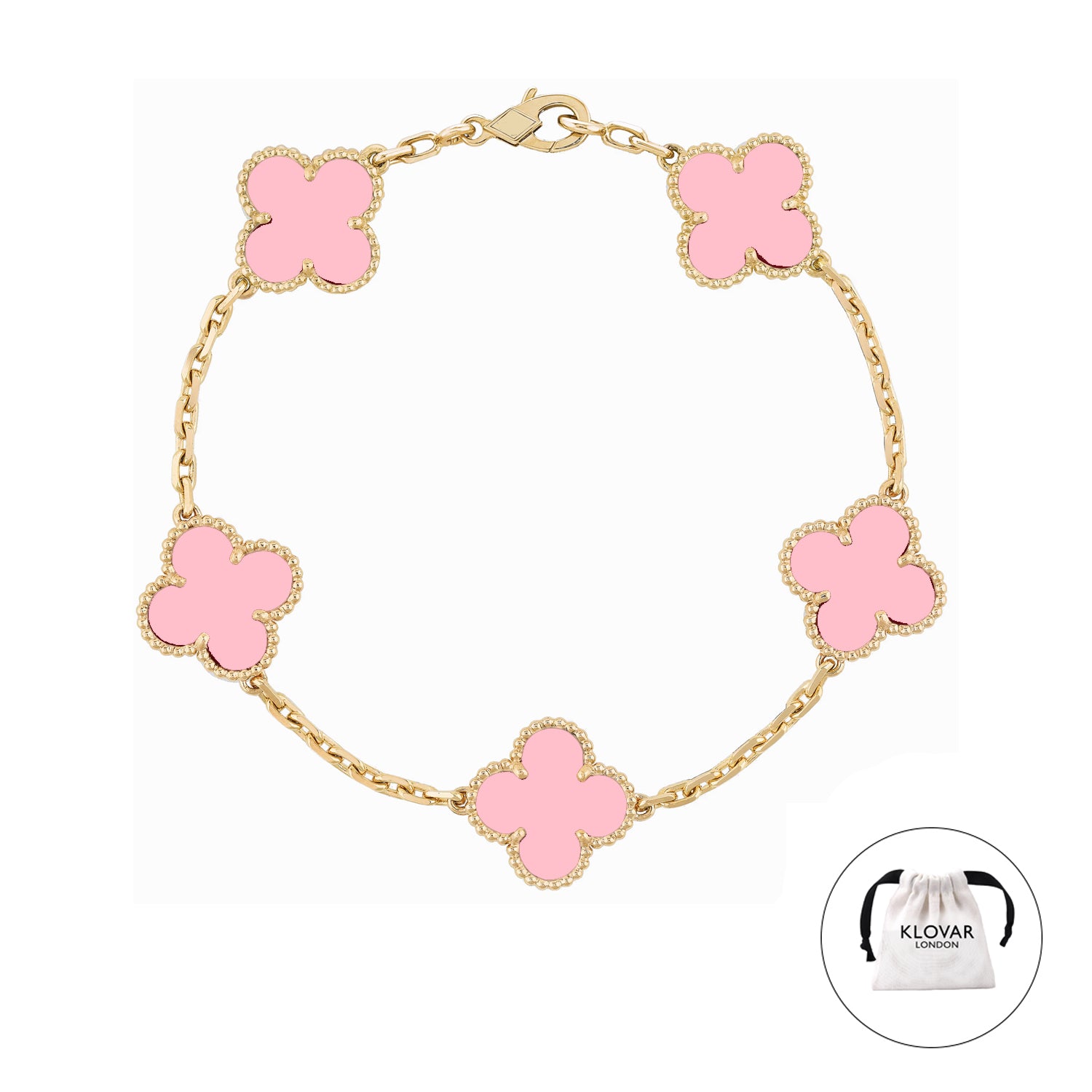 18K Pink Gold Clover Necklace Earrings Bracelet Set Four Leaf Single Clover - Pink