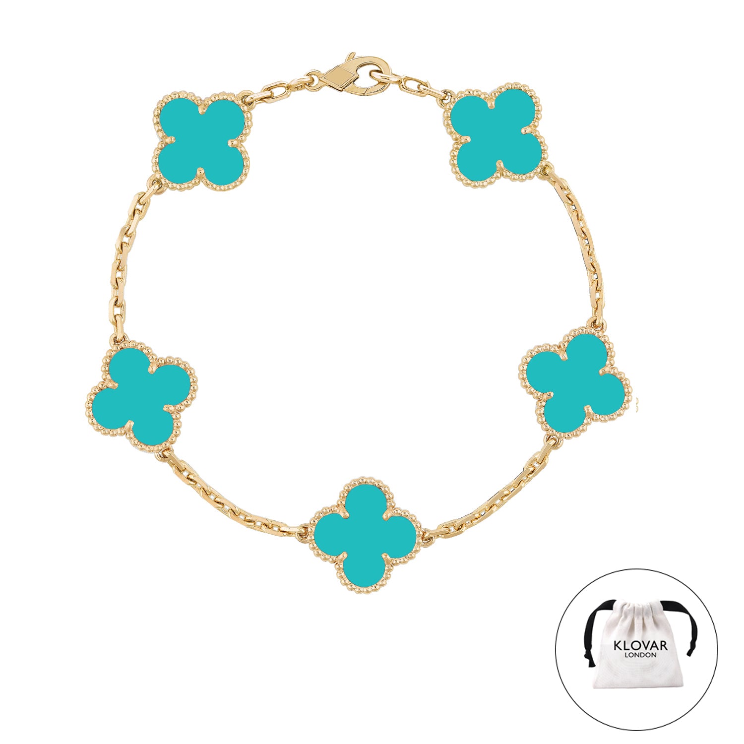 18K Turquoise Gold Clover Necklace Earrings Bracelet Set Four Leaf Single Clover - Turquoise
