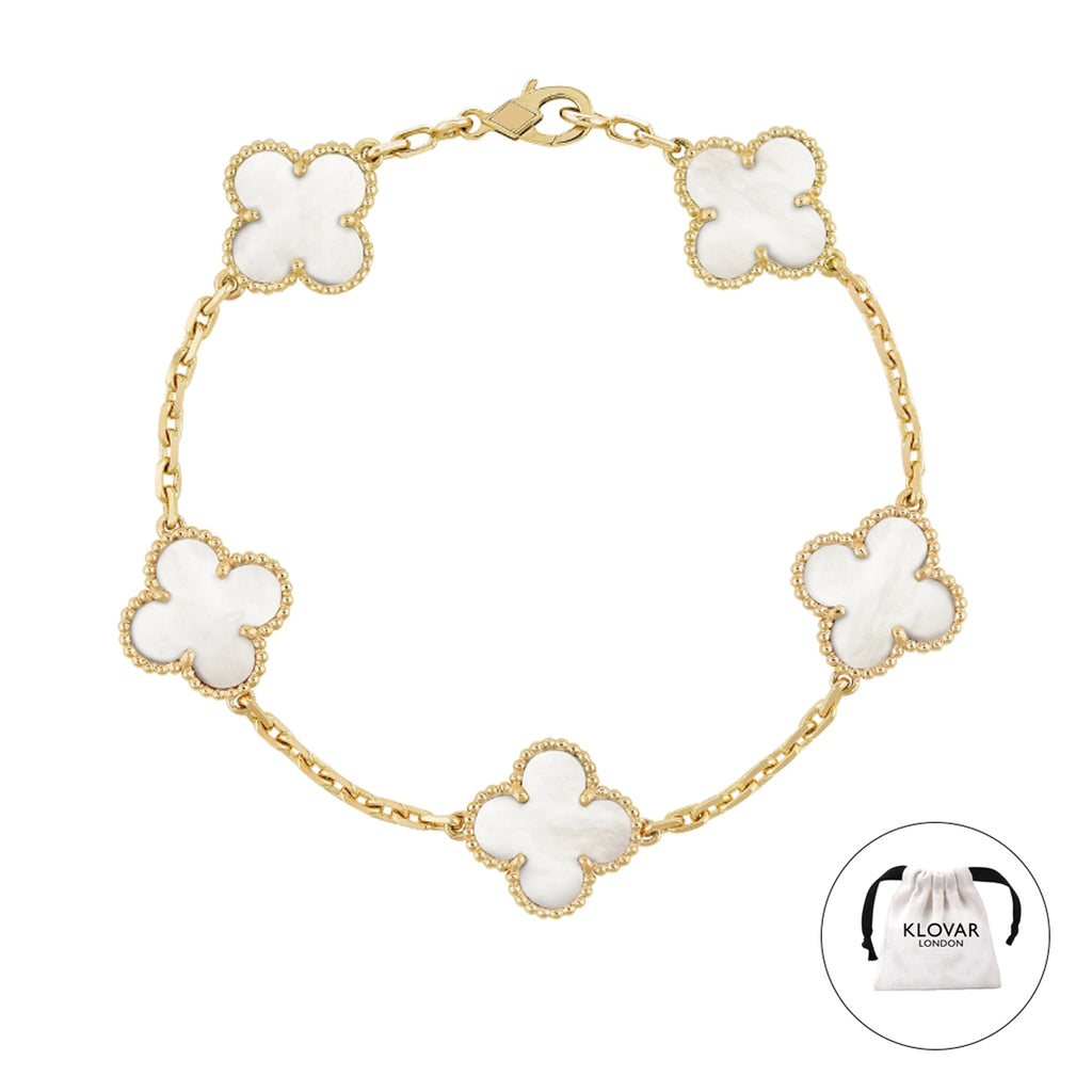 KLOVAR LONDON White Pearl Clover Bracelet 925 Silver 18k Gold Plated