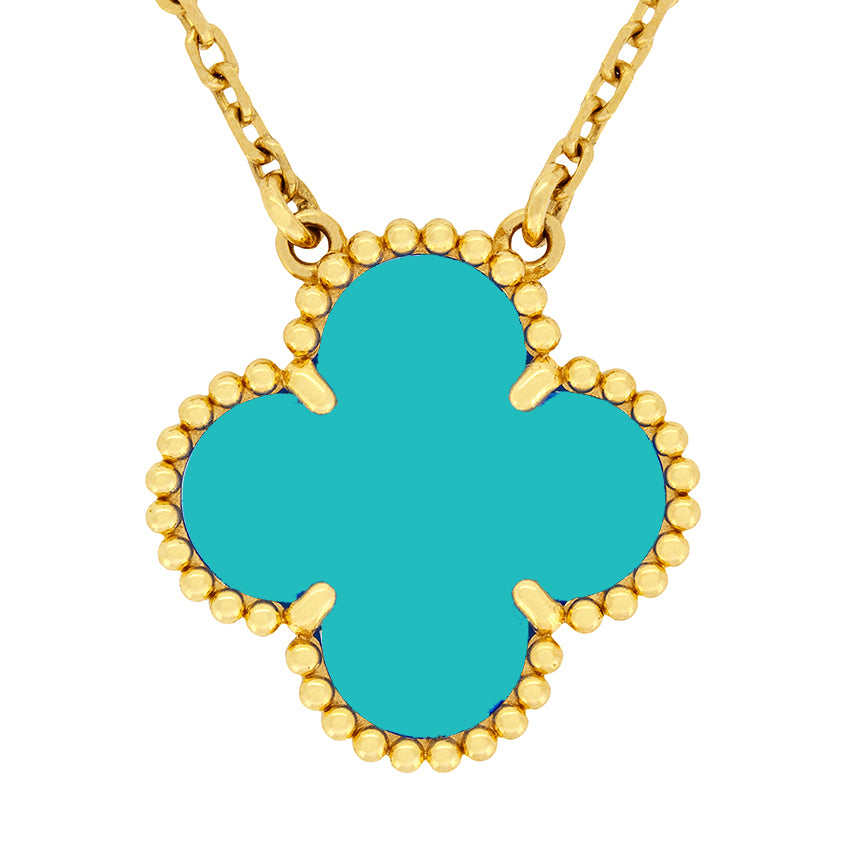 18K Gold Turquoise Clover Necklace Four Leaf Single Clover - Turquoise