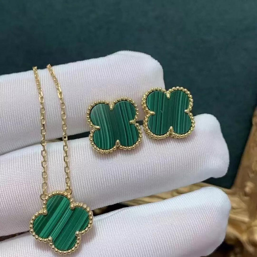KLOVAR LONDON Green Clover Necklace Earrings Set 925 Silver 18k Gold Plated