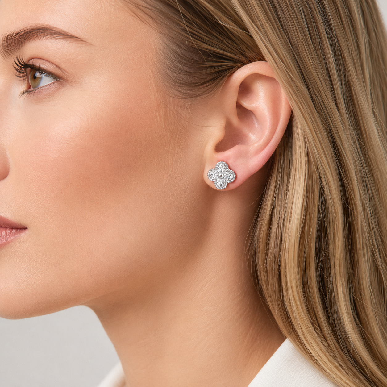 KLOVAR LONDON Silver Diamond Clover Earrings 925 Silver