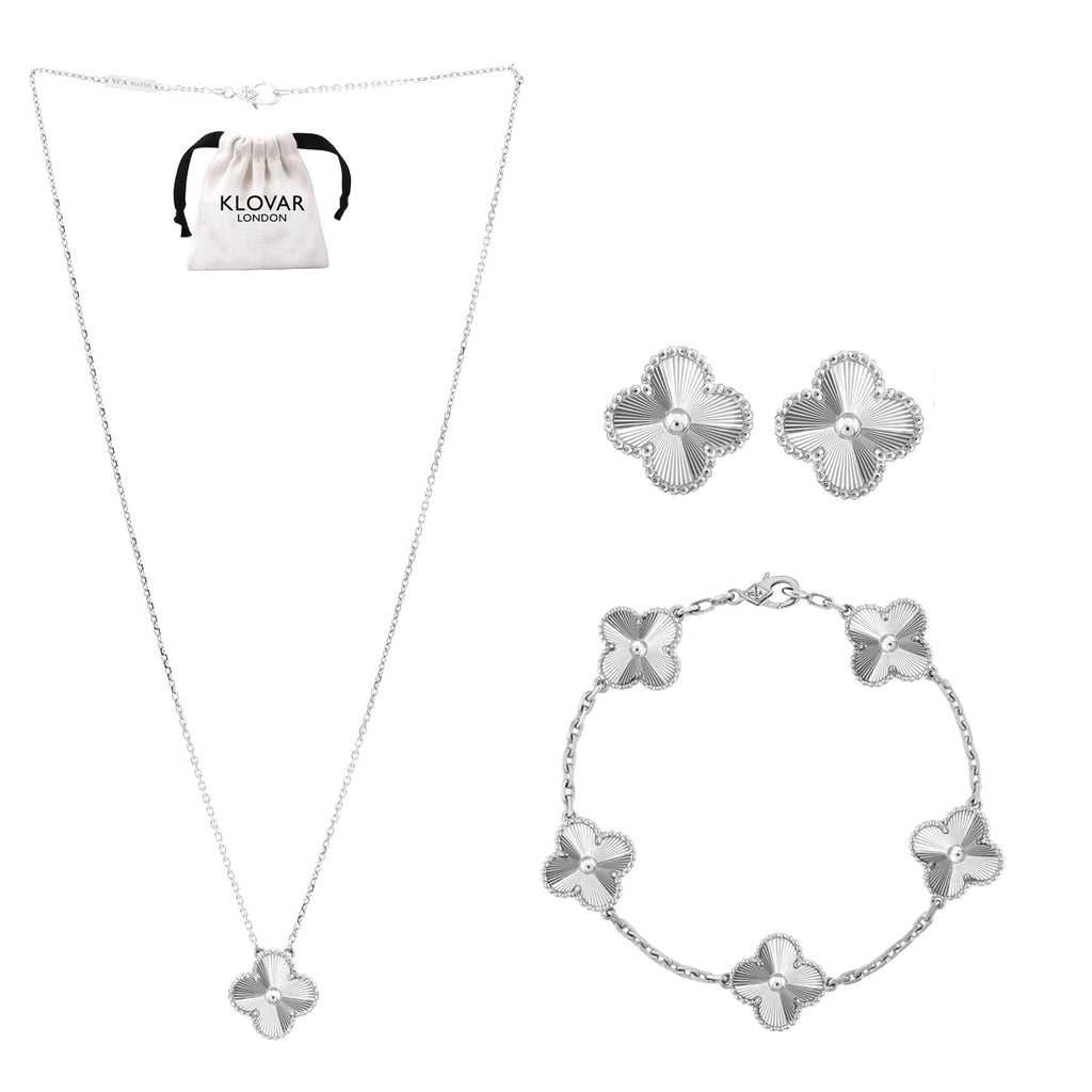 KLOVAR LONDON Silver Clover Necklace Earrings Bracelets Set 925 Silver