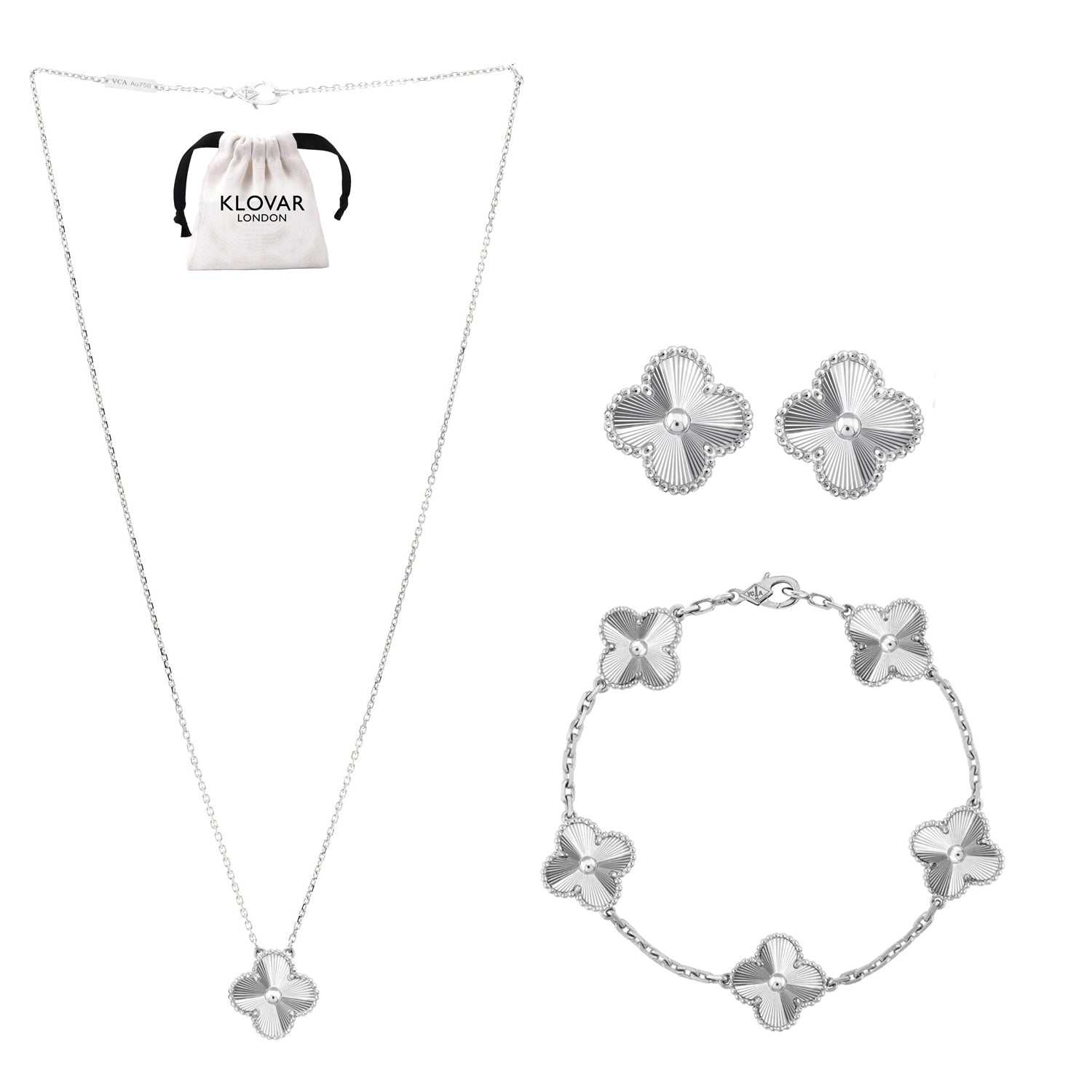 Stainless Silver Clover Necklace Bracelet Earrings Set Four Leaf Single Clover - Silver