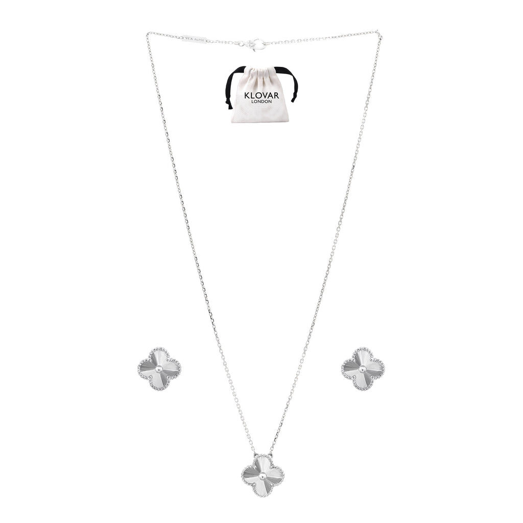 KLOVAR LONDON Silver Clover Necklace Earrings Set 925 Silver