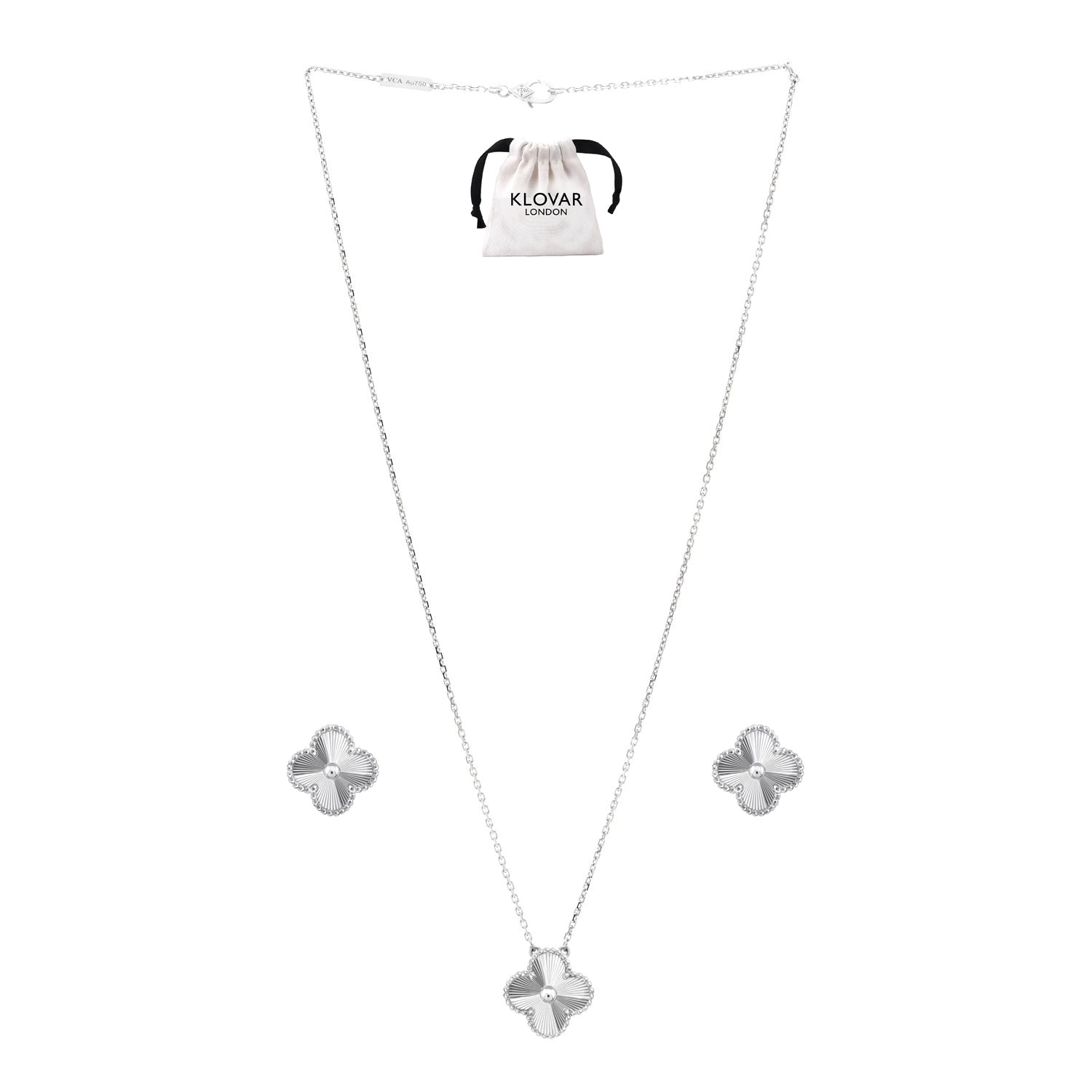 KLOVAR LONDON Silver Clover Necklace Earrings Set 925 Silver