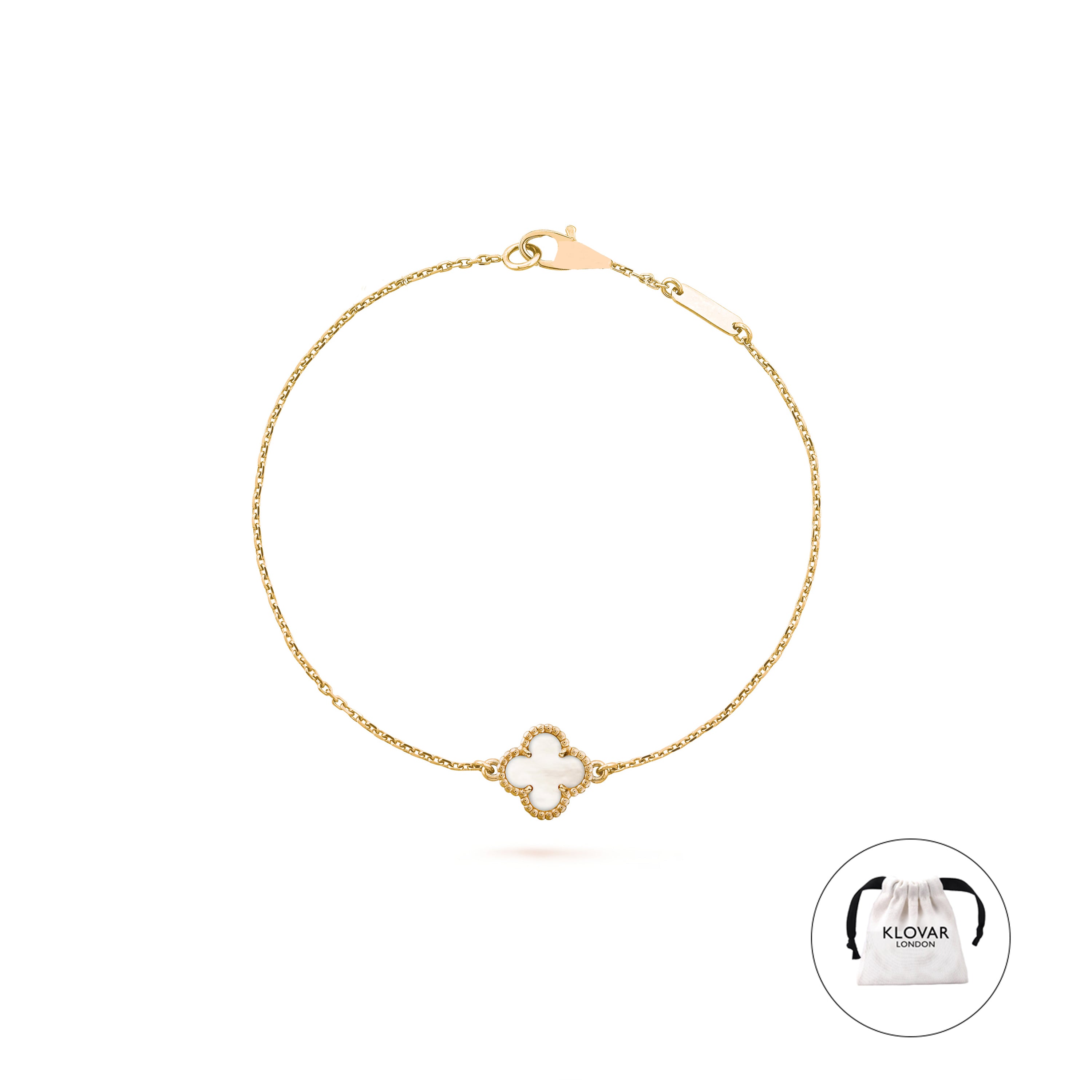 KLOVAR LONDON White Pearl Single Clover Bracelet 925 Silver 18k Gold Plated