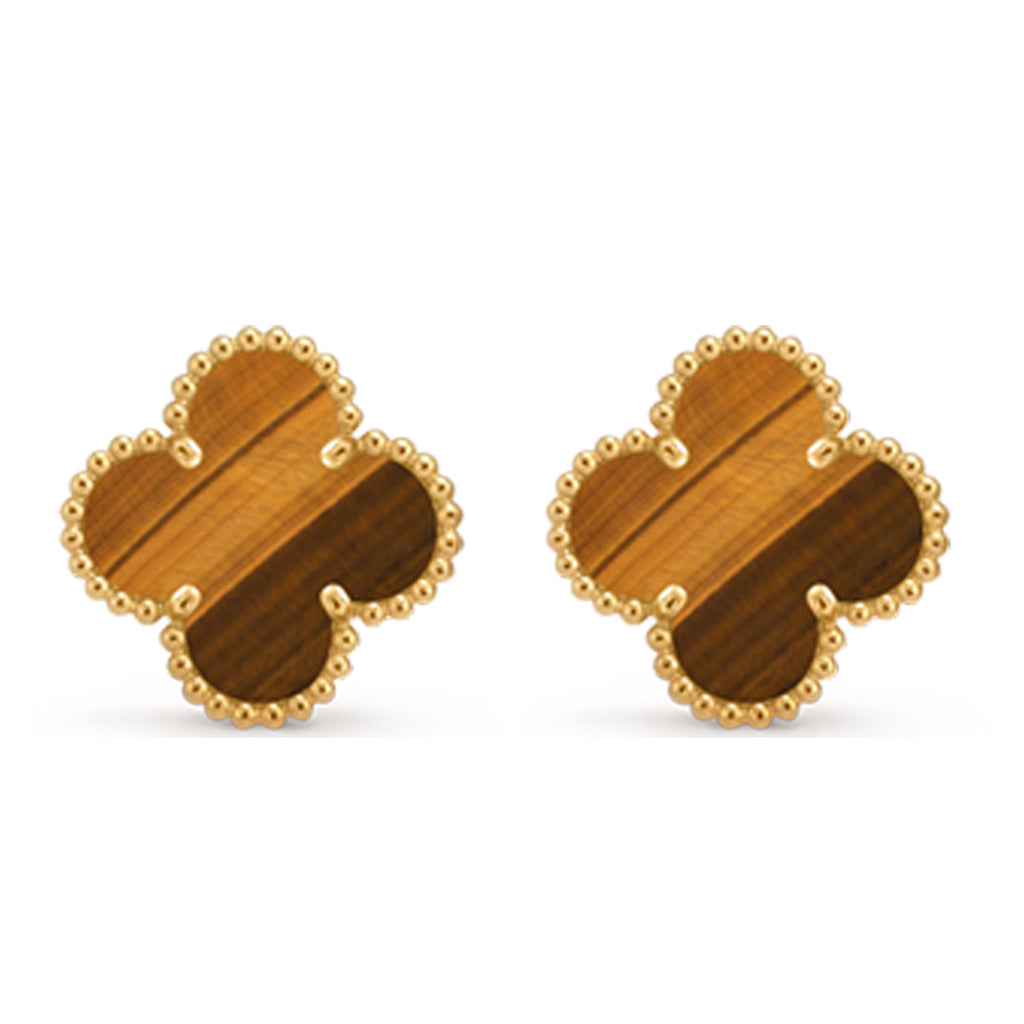KLOVAR LONDON Gold Tiger Eye Alhambra Clover Bracelet Earrings Set 925 Silver 18k Gold Plated