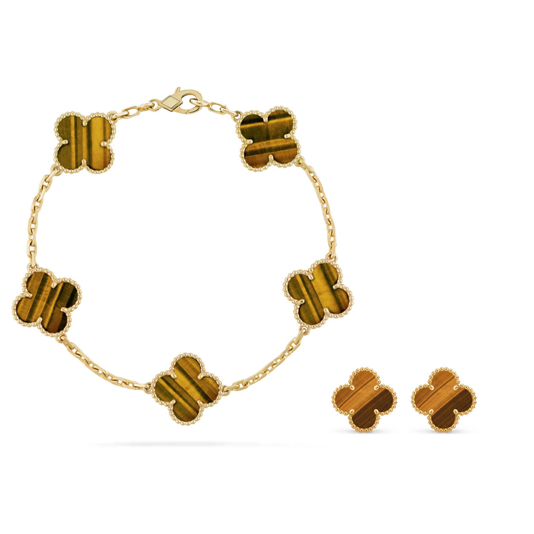 KLOVAR LONDON Gold Tiger Eye Alhambra Clover Bracelet Earrings Set 925 Silver 18k Gold Plated