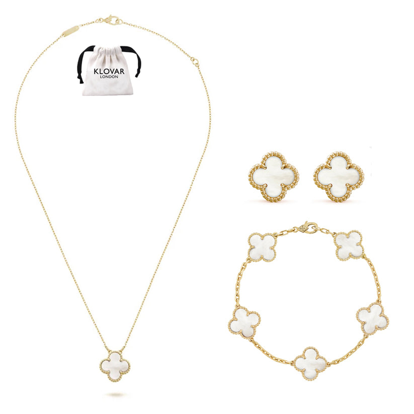KLOVAR LONDON white Pearl Clover Necklace Earrings Bracelets Set 925 Silver 18k Gold Plated