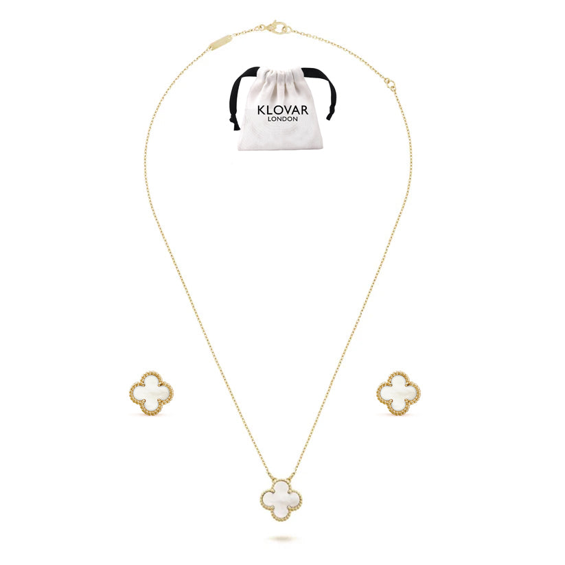 KLOVAR LONDON White Pearl Clover Necklace Earrings Set 925 Silver 18k Gold Plated