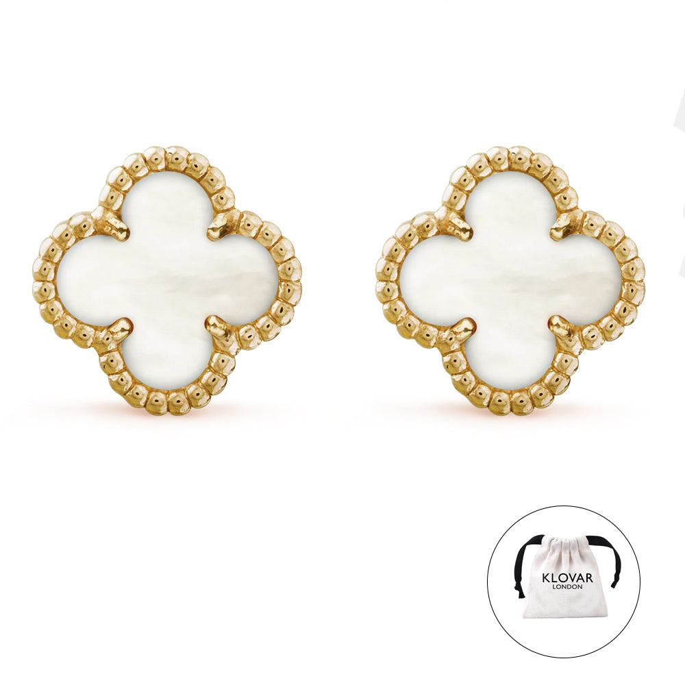 KLOVAR LONDON White Pearl Clover Necklace Earrings Set 925 Silver 18k Gold Plated